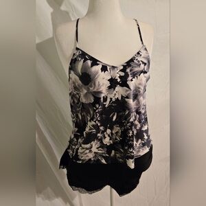 Victoria's Secret Black & White Floral Satin Chemise Top with Lace Trim